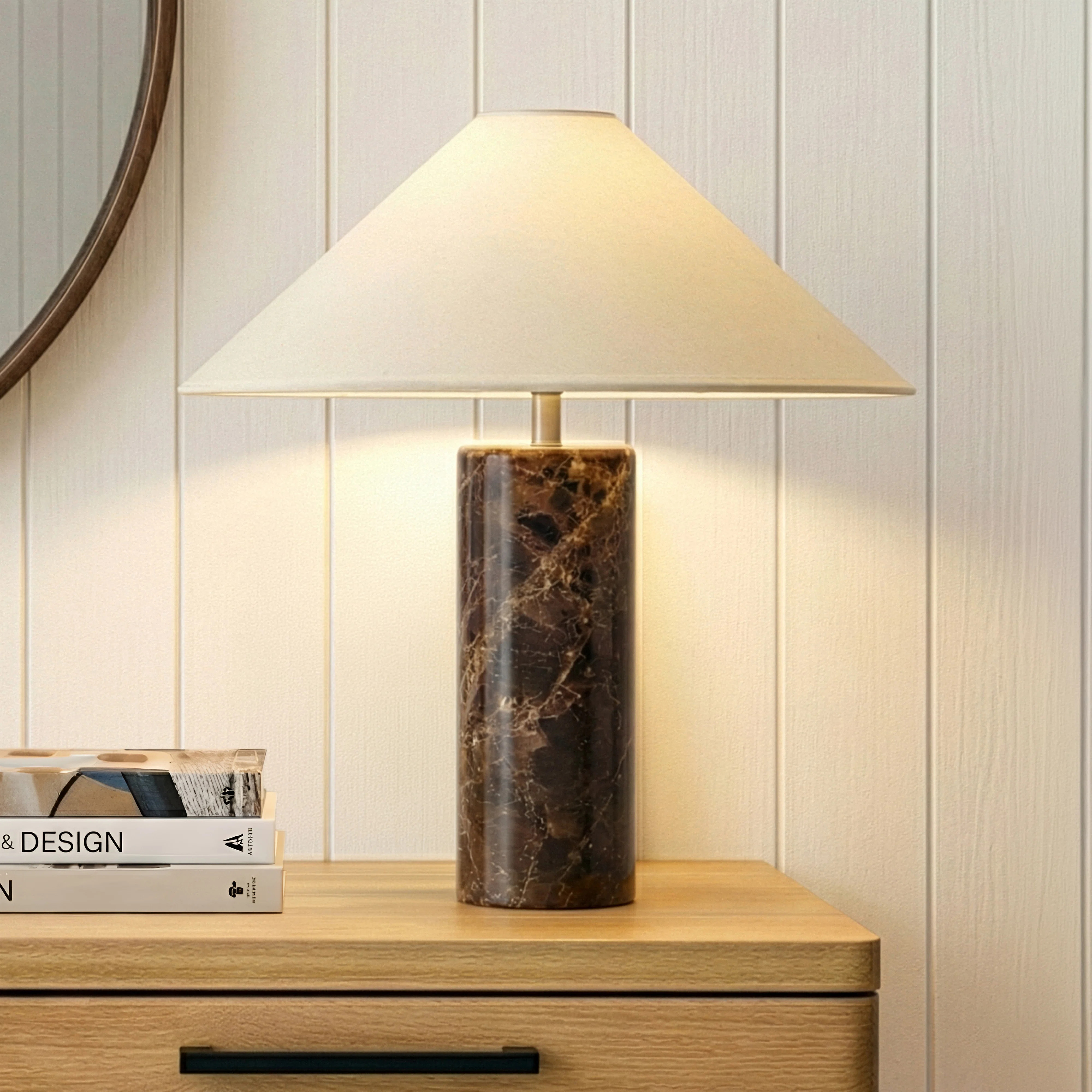 Runo 14 In. Modern Led Table Lamp With Fabric Drum Shade, Natural Brown Marble Base | Wayfair North America