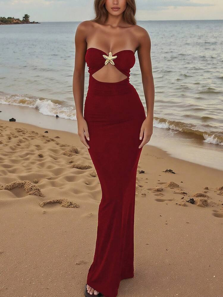 Women's Sexy Hollow-Out Bandeau Starfish Metal Decor Bodycon Maxi Dress, Long Backless Y2K Elegant Evening Party Wedding Guest Cocktail Gown, Classy Cut Hollow Out Dresses, Spring Summer Fall | SHEIN