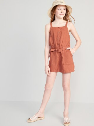 Sleeveless Tie-Front Linen-Blend Utility Romper for Girls | Old Navy (US)