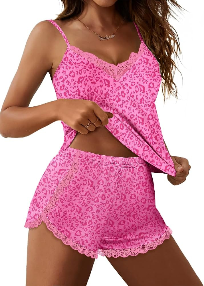 Ekouaer Silk Pajamas Set Womens Lace Cami Tops and Shorts Satin Lingerie V Neck Sleepwear XS-XXL | Amazon (US)