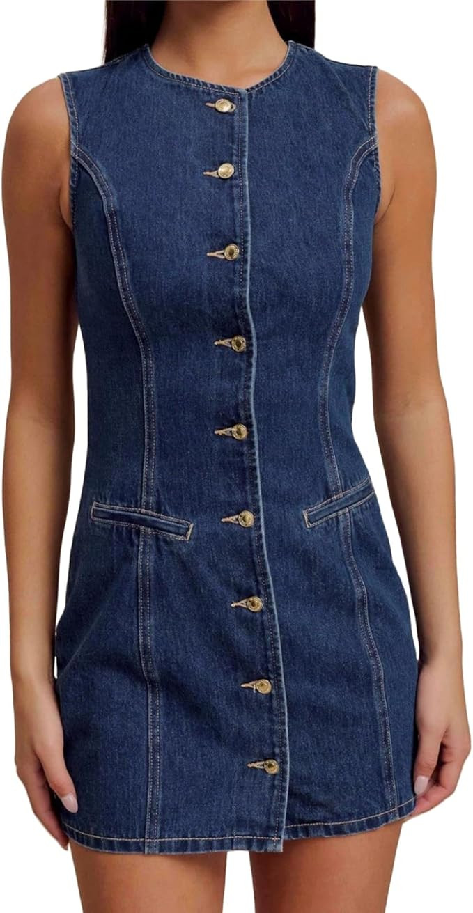 Women's Denim Mini Dress Sleeveless Crewneck Button Up Bodycon Stretchy Casual Jean Tank Dresses | Amazon (US)
