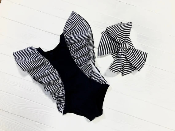 Black and White Striped Girl Swim Suit with Wings Ruffles | Etsy (US)
