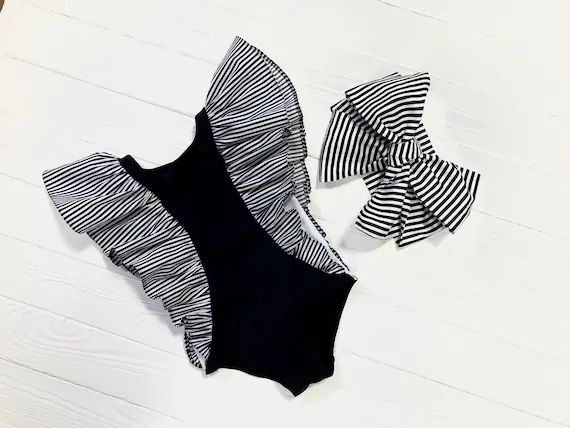 Black and White Striped Girl Swim Suit with Wings Ruffles | Etsy (US)