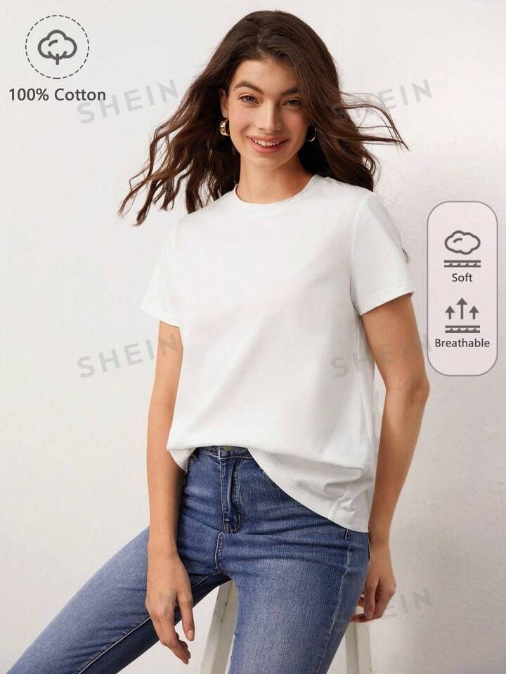 SHEIN BASICS 100% Cotton Solid Round Neck Tee | SHEIN