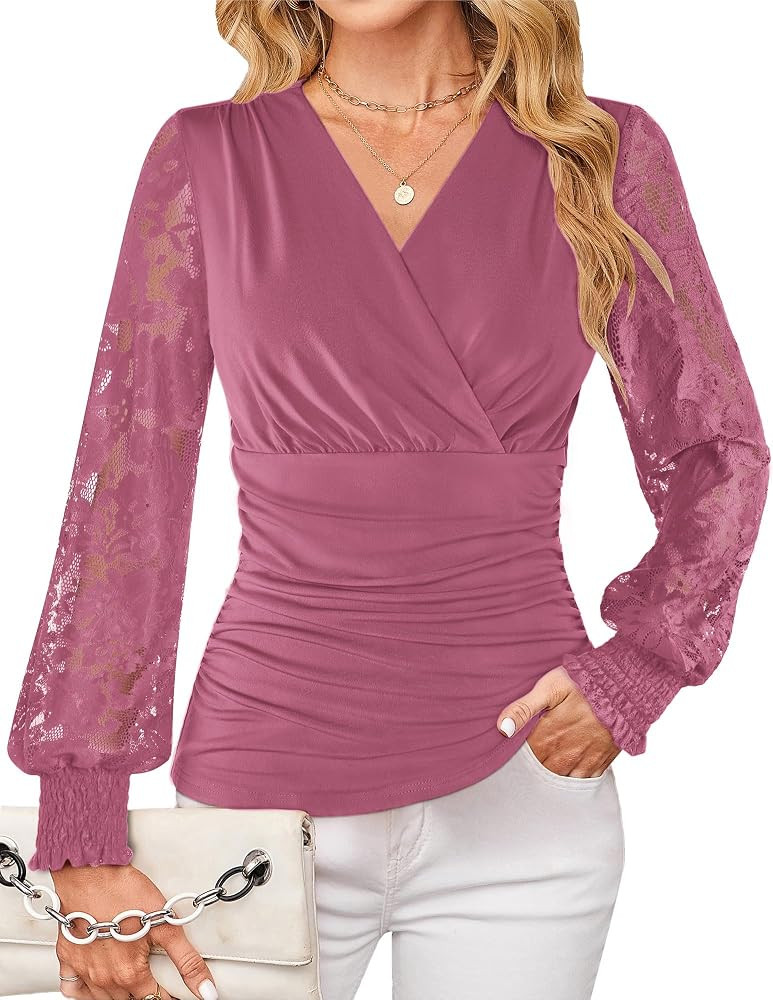 GRACE KARIN Womens Tops Dressy Casual, Elegant Lace Sleeve Shirts Wrap Ruched Blouses, 2026 Sprin... | Amazon (US)
