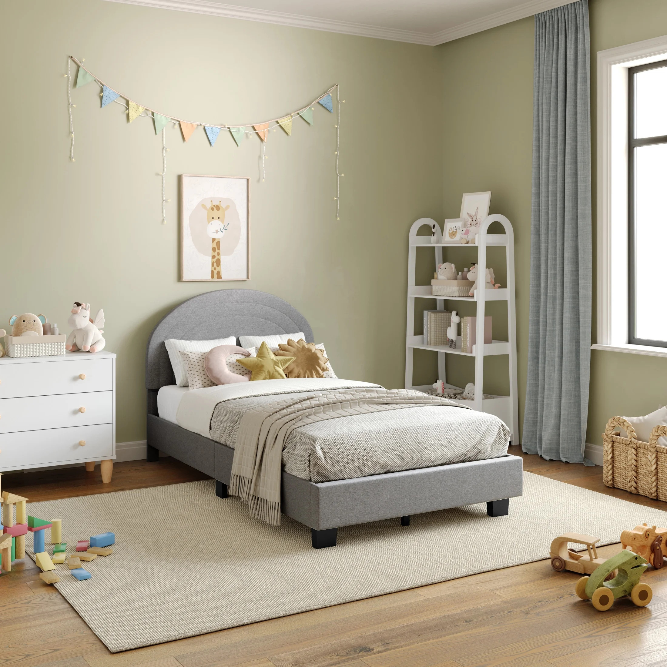 Buzz & Bloom Kids Twin-Size Platform Bed with Curved Channel Stitched Headboard, Gray | Walmart (US)