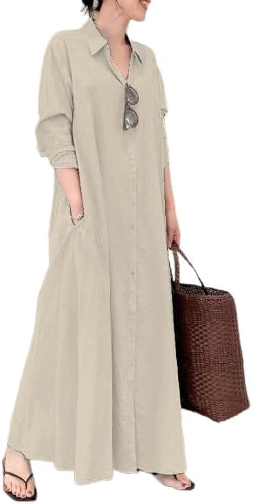 Bengbobar Women's Cotton Linen Dress for Women Long Sleeve Button Down Casual Waist V Neck Ruffle... | Amazon (US)