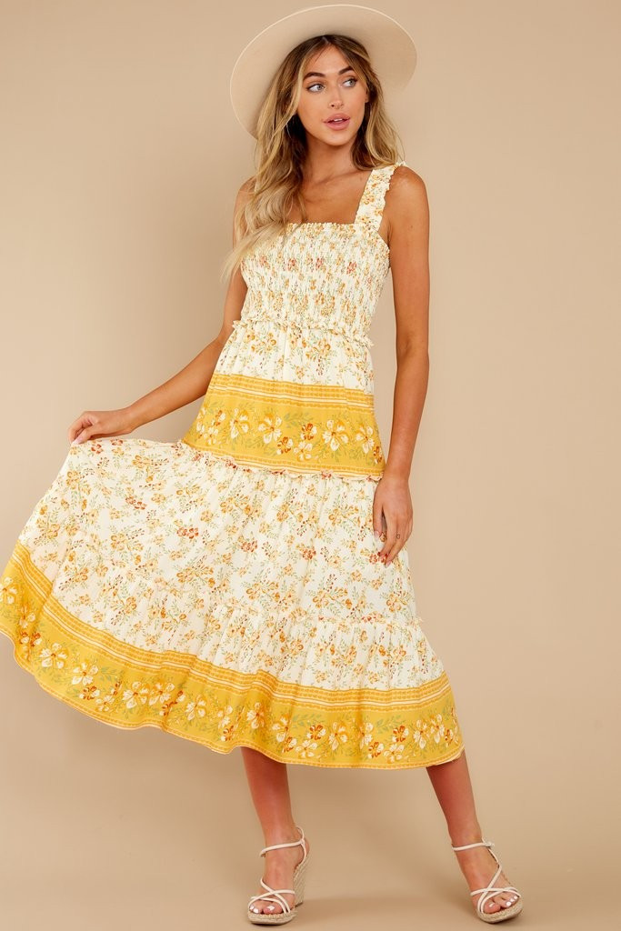 Swing Into Spring Gold Floral Print Maxi Dress | Red Dress 