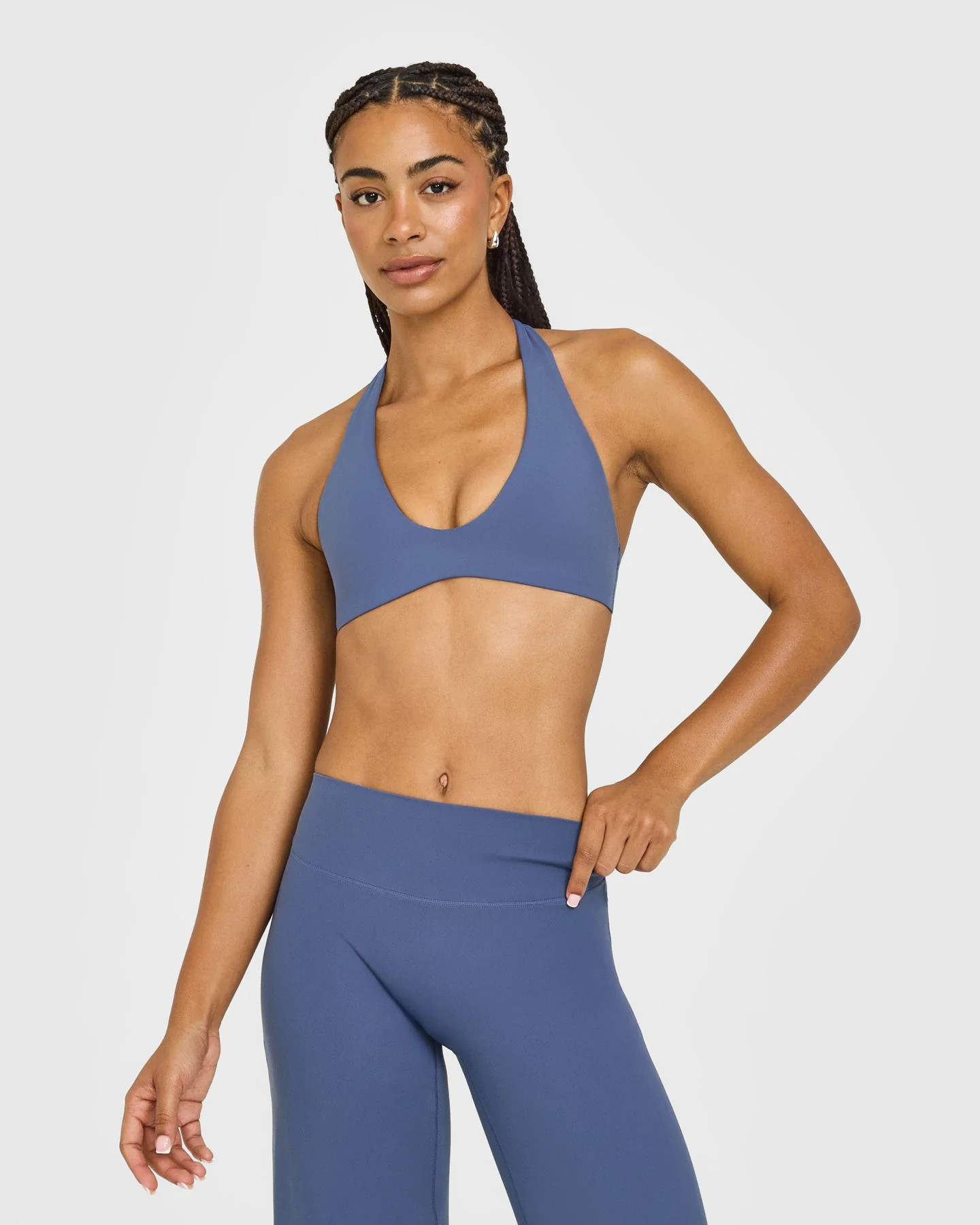 SoftMotion™ Minimal Halter Neck Bralette with White Logo 
 Slate Blue | Oner Active (UK / US)