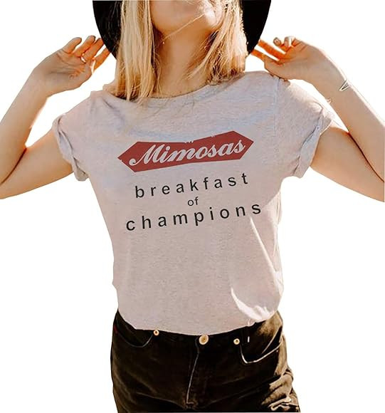 Mimosas Breakfast of Champions T-Shirt for Women Drinking Party Short Sleeve Tees Casual Letter P... | Amazon (US)