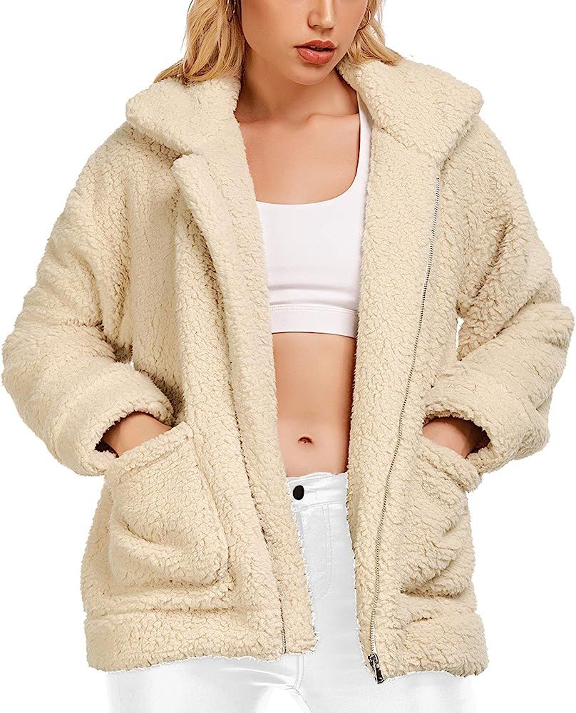 Women's Coat Casual Lapel Fleece Fuzzy Faux Shearling Zipper Coats Warm Winter Oversized Outwear ... | Amazon (US)