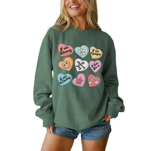 SOFEON Womens Valentine's Day Sweatshirt Heart Print Inspirational Long Sleeve Shirts Crewneck Pullover Oversized Tops(Green,Small) | Amazon (US)