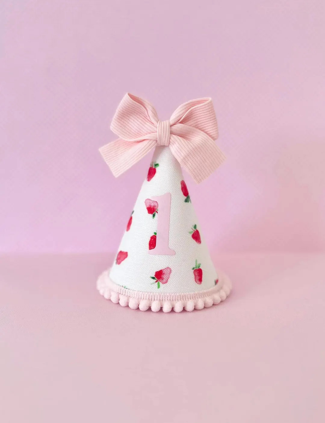Strawberry bow party hat is made of- white strawberry print hard fabric- pink bow on top- pink bi... | Etsy (US)