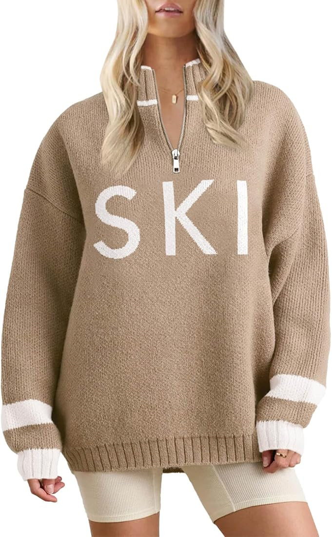 Zwurew Women's Ski Sweater 2024 Quarter Zip Color Block Striped Slouchy Long Sleeve Knitted Pullo... | Amazon (US)