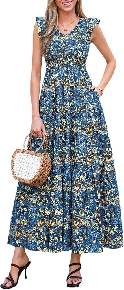PRETTYGARDEN Women's Smocked Boho Floral Maxi Dress | Amazon (US)