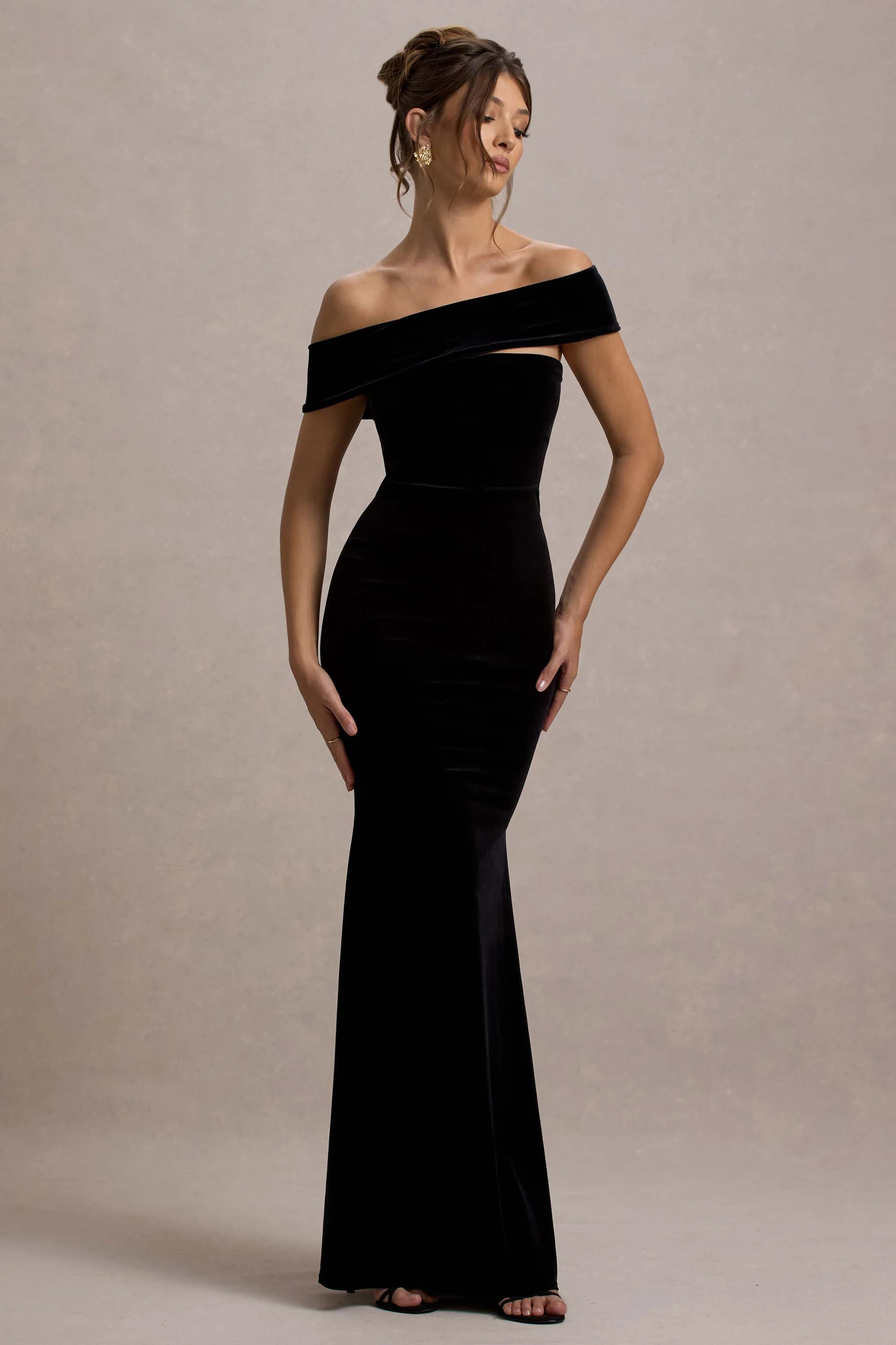 Candela | Black Velvet Asymmetric Bardot Maxi Dress | Club L London