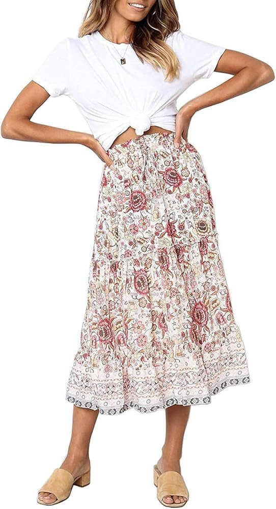 SimpleFun Women's Skirts Boho Floral Printed Elastic High Waist A Line Maxi Skirt with Pockets | Amazon (US)