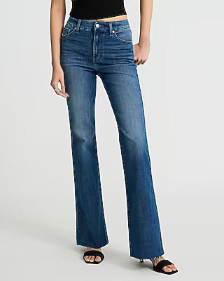 High Waisted Medium Wash Raw Hem FlexX '70s Flare Jeans | Express
