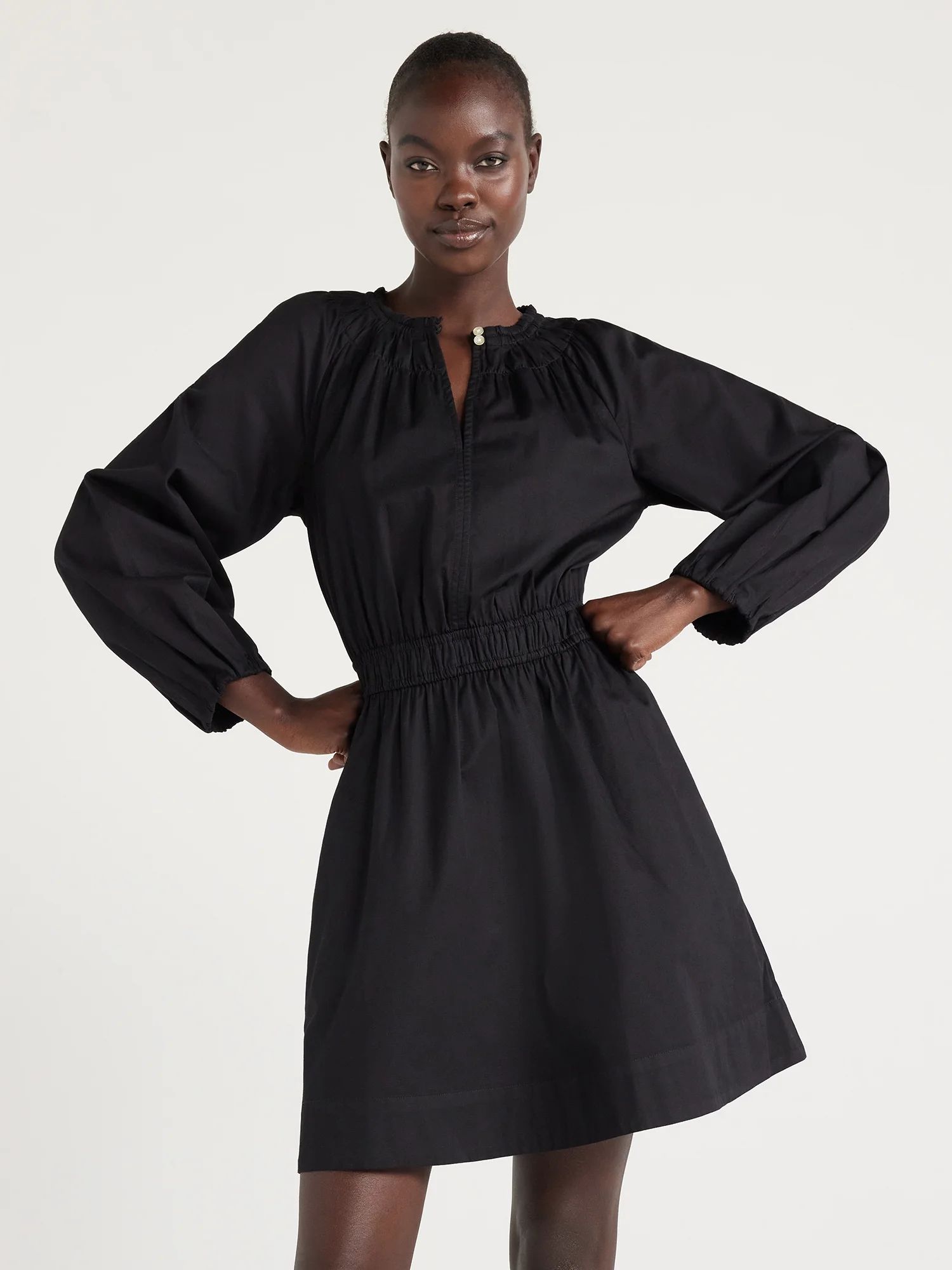 Free Assembly Women's Gathered Waist Mini Dress with Long Sleeves, Sizes XS-XXXL | Walmart (US)