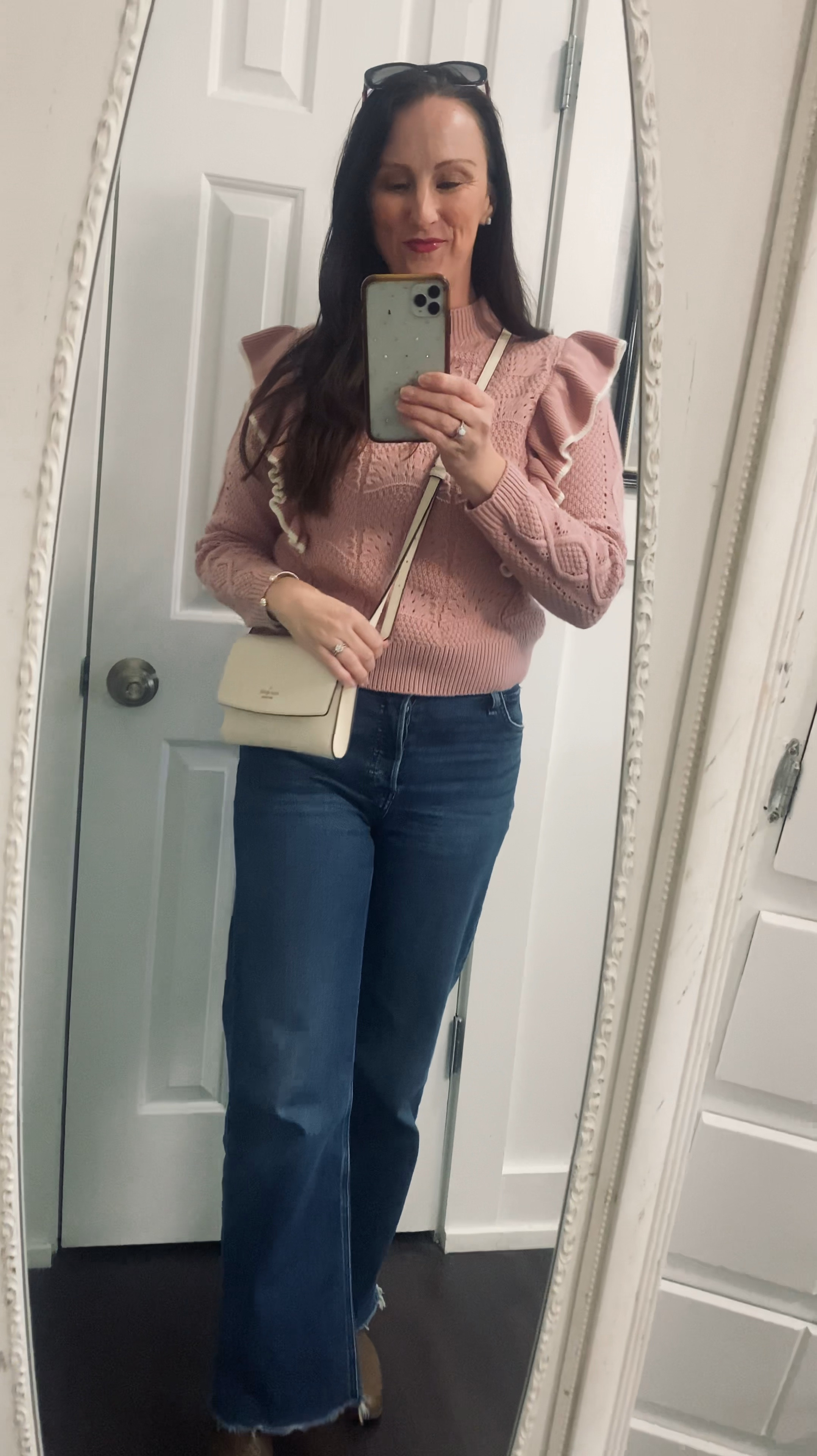 Let’s go pink & white for a feminine winter outfit! 

I layered this pretty, ruffled sweater from Amazon over a lace tank for extra warmth, then paired it with bootcut jeans, cozy cable knit boot socks, & brown Western style ankle boots. 

Finish off the look with a white crossbody purse, white jewelry, & a pair of designer sun glasses (because the sun always shines in Texas). 🎀

#LTKSeasonal #LTKStyleTip #LTKOver40