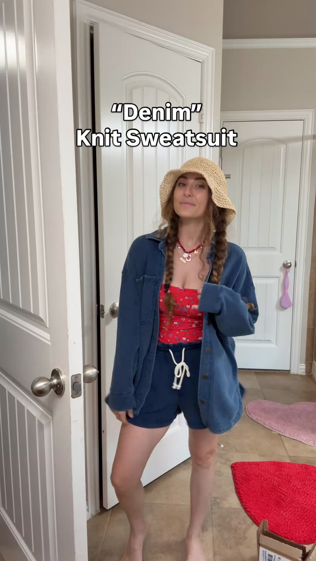 Wearing Xs in both denim knit pieces and a small on the onepiece