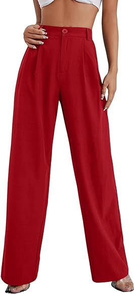 SweatyRocks Women's Casual Wide Leg High Waisted Button Down Straight Long Trousers Pants | Amazon (US)