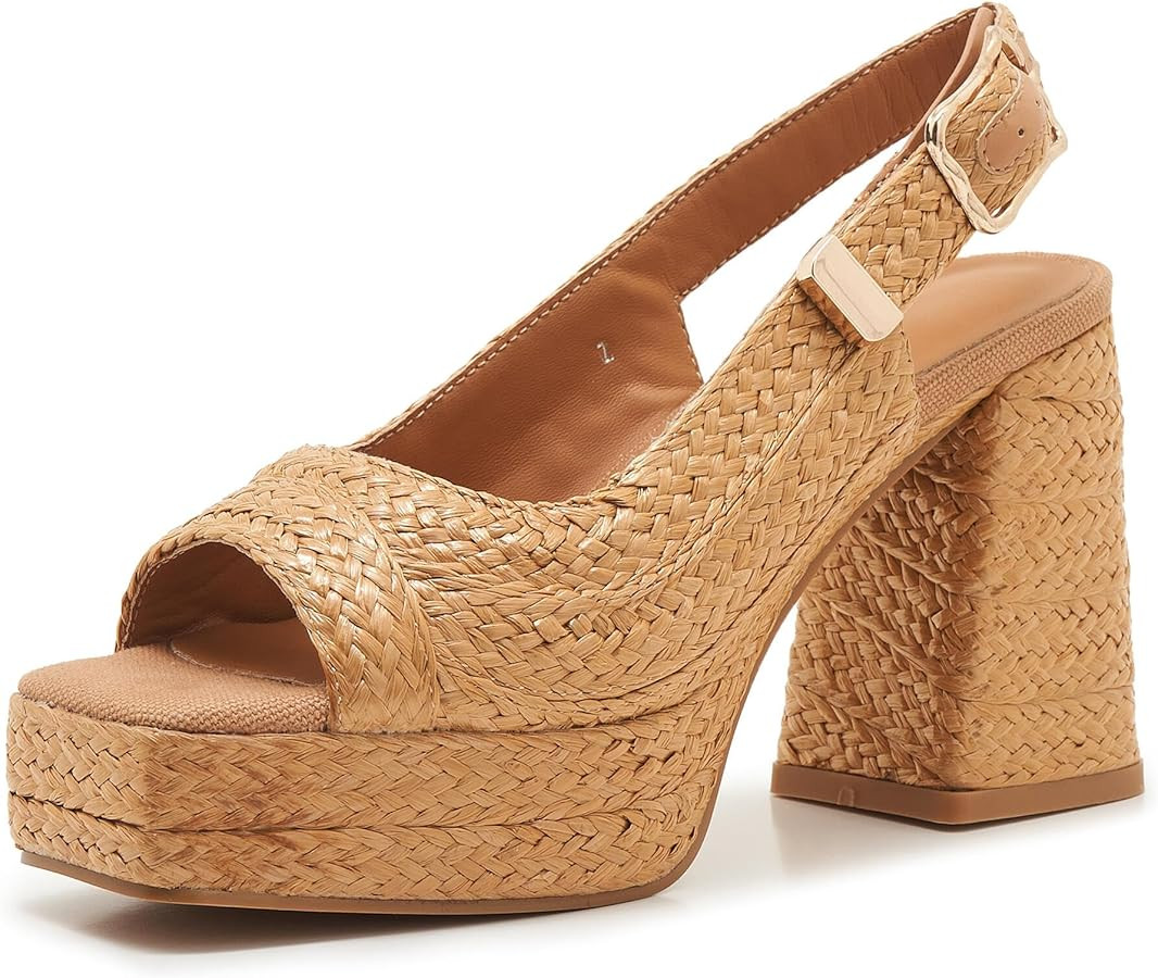 Raffia Platform Heeled Sandals for Women with Adjustable Slingback Strap, Open Toe Chunky Block H... | Amazon (US)