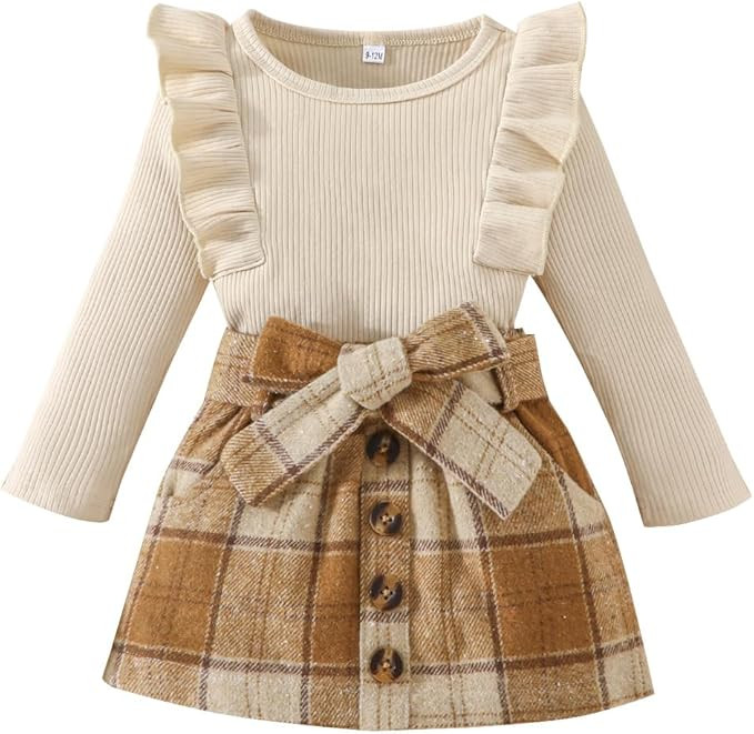 Noubeau Toddler Baby Girls Plaid Outfits Knit Ribbed Sweatshirt Shirt Tops Red Plaid Belt Skirt F... | Amazon (US)