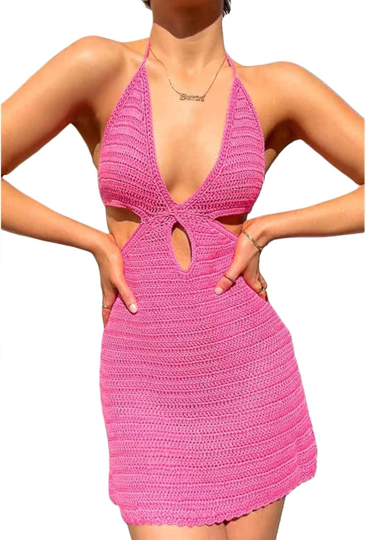 NUFIWI Womens Sexy Knitted Cut Out Spaghetti Strap Long Dresses Halter Neck Backless Maxi Dress C... | Amazon (US)