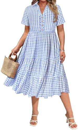 CARCOS Plus Size Dresses for Curvy Women Collared Vneck Short Sleeve Dresses Midi Summer Ruffle D... | Amazon (US)