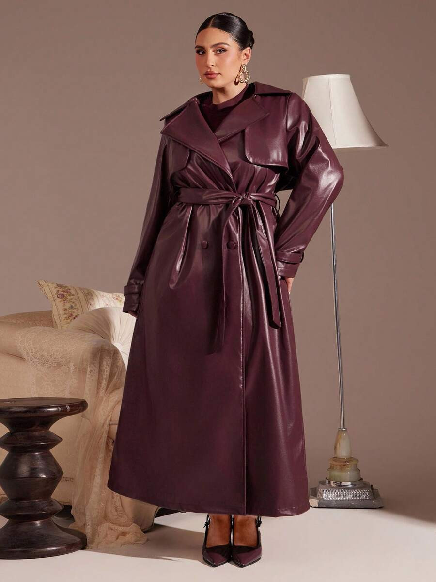 SHEIN BAE Plus Size Fashionable PU Leather Notched Collar Double-Breasted Windbreaker, Autumn,Win... | SHEIN