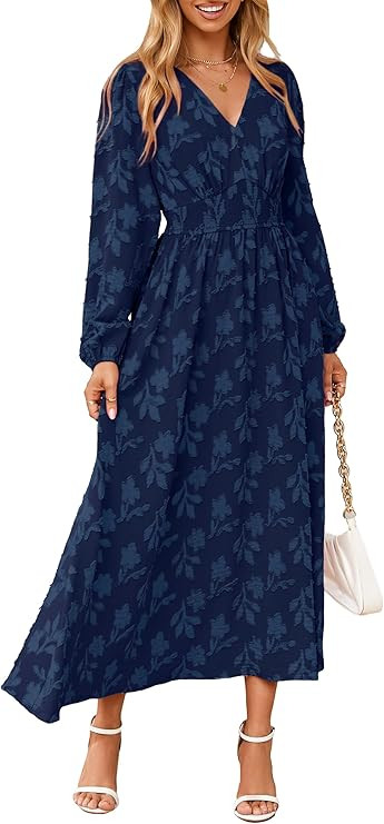 Simplee Womens Boho Floral Long Sleeve Maxi Dress V Neck Empire Waist Fall Wedding Guest Dresses ... | Amazon (US)