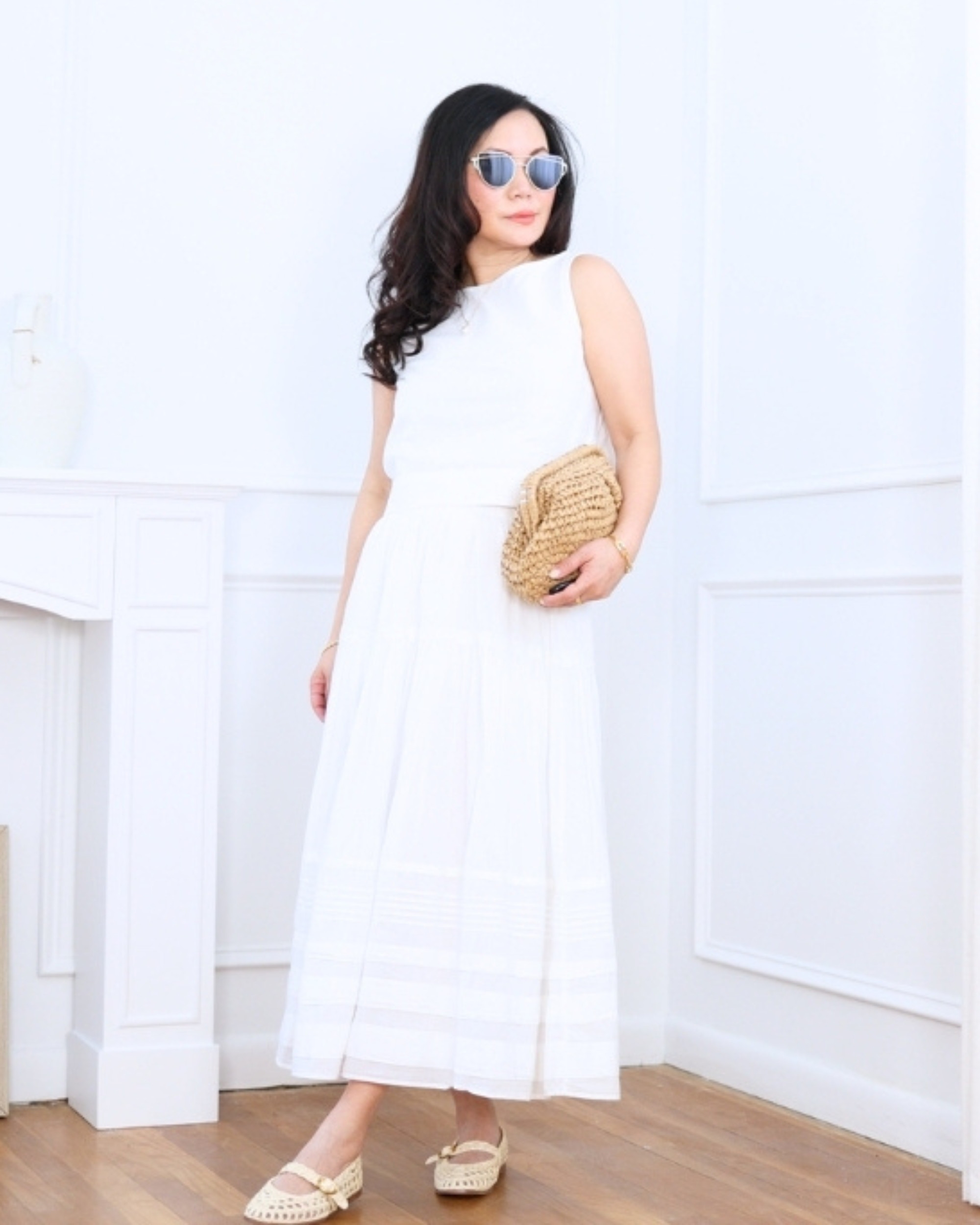 White shell tank from GAP paired with a white boho skirt from Abercrombie and raffia flats from Steve Madden — soft, breezy, and effortlessly chic for warm days. I'm 5'2, wearing size S. 

 #LTKootd #LTKOver40 #LTKPetite