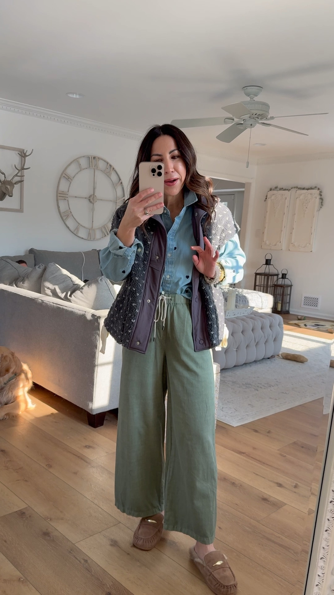 Drawstring pants, XS. Sherpa vest XS. Denim shirt sized up to a medium. Shoes size down.

#LTKOver40 #LTKSaleAlert #LTKPetite