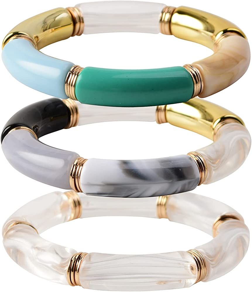 Bamboo Tube Bangles Bracelet Chunky Curved Stacking Clear Acrylic Colorful Beads Stretchable Friends | Amazon (US)