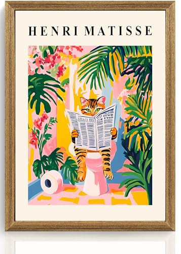 ICHZUMW Funny Tabby Cat Bathroom Wall Art, Framed Colorful Matisse Canvas Print Painting Artwork, Quirky Animal Reading Picture, Girly Pink Dopamine Wall Decor, Restroom Powder Room Bedroom, 12x16in | Amazon (US)