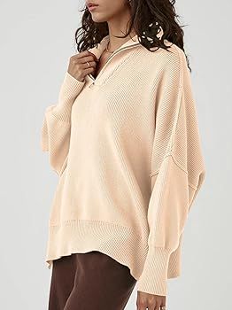 LOGENE Women's 1/4 Zipper Sweatshirt Long Sleeve Oversized Slit Side Knit Pullover Sweaters | Amazon (US)