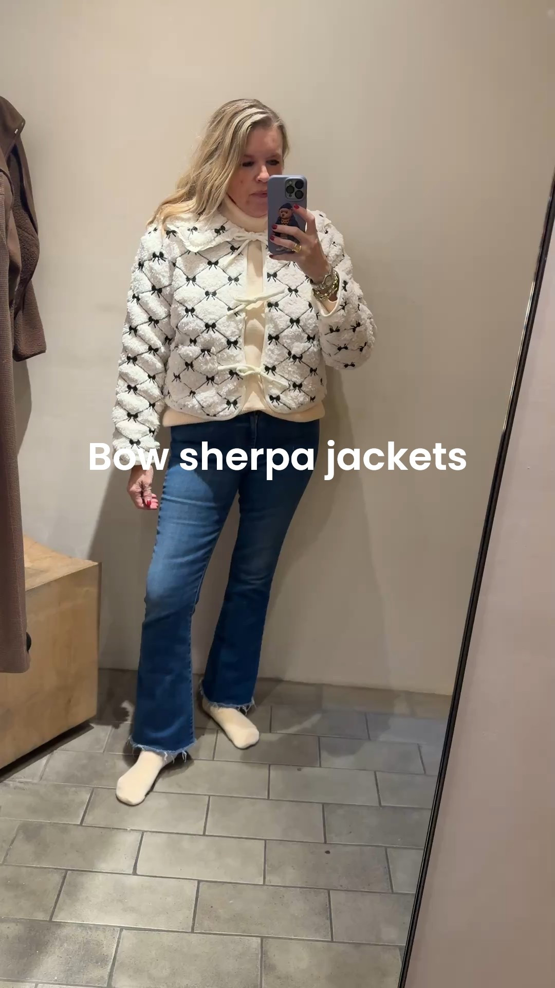 Bow Sherpa jacket
With ruffle detail and little embroidery bows 
And tie bow detail front closer

My jeans a mothers frayed flare hem  tts



#LTKOver40 #LTKootd