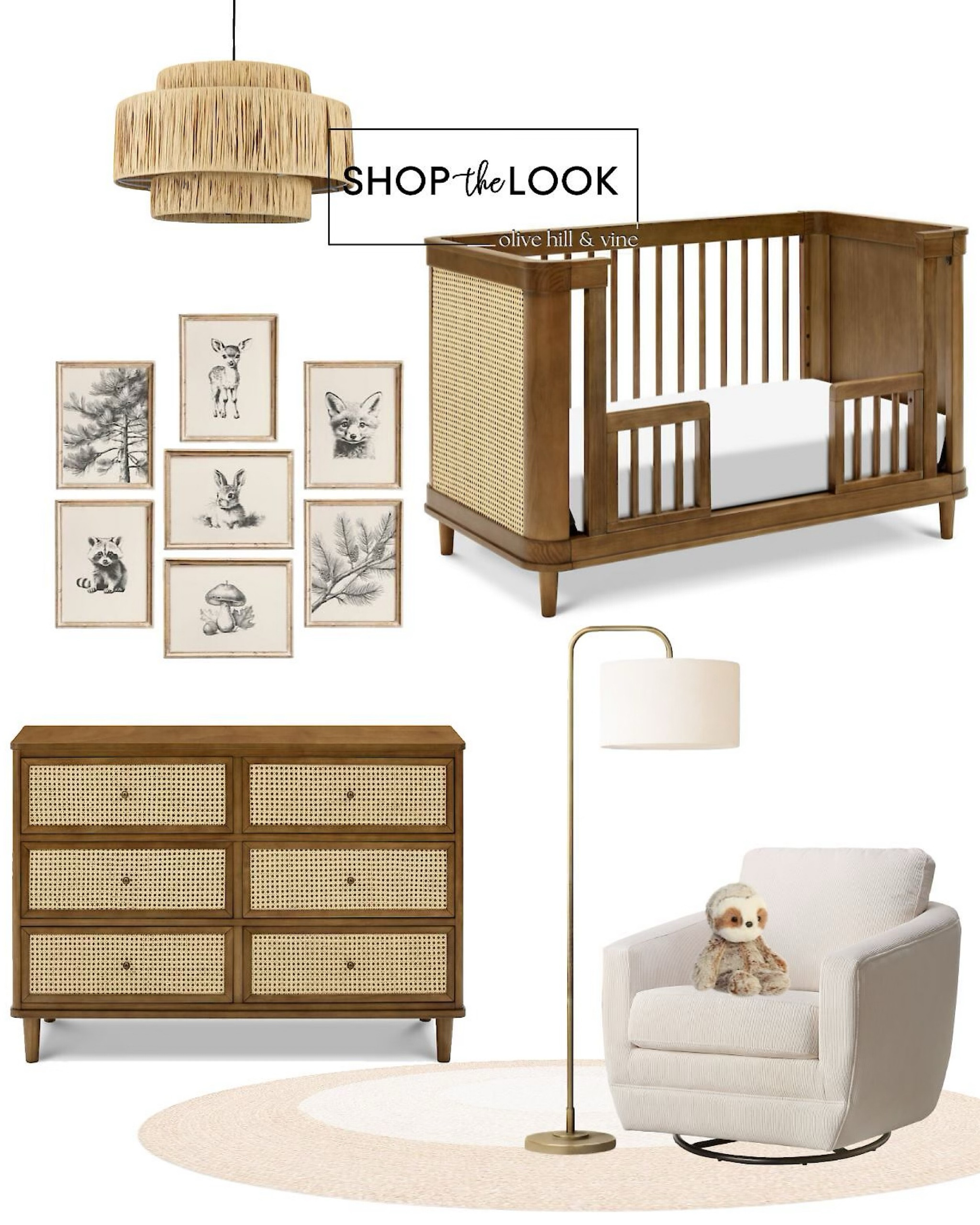 Discover the charm of a neutral nursery in warm walnut and blonde tones. Cane-detailed crib and dresser pair beautifully with a boucle swivel glider, arched floor lamp, raffia chandelier, vintage woodland animal prints, and a cuddly plush sloth. 

#LTKBump #LTKHome #LTKBaby