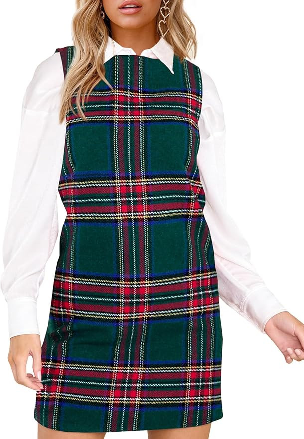 Wenrine Womens Plaid Overall Mini Dress Casual Sleeveless Round Neck A Line Short Fall Christmas ... | Amazon (US)