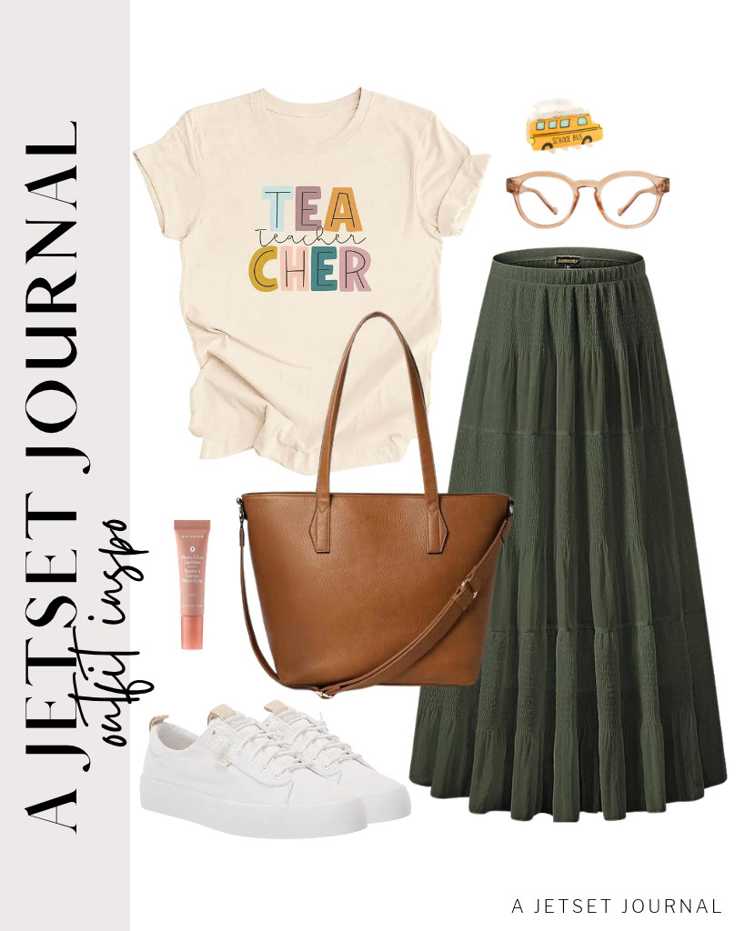 This cute teacher tee paired with this bestseller chiffon pleated maxi skirt is an awesome fit to try. Add this laptop tote bag and round reading glasses to this look and step into these Keds canvas slip-on sneakers to finish the fit. 

 #LTKSeasonal #LTKSaleAlert #LTKTravel