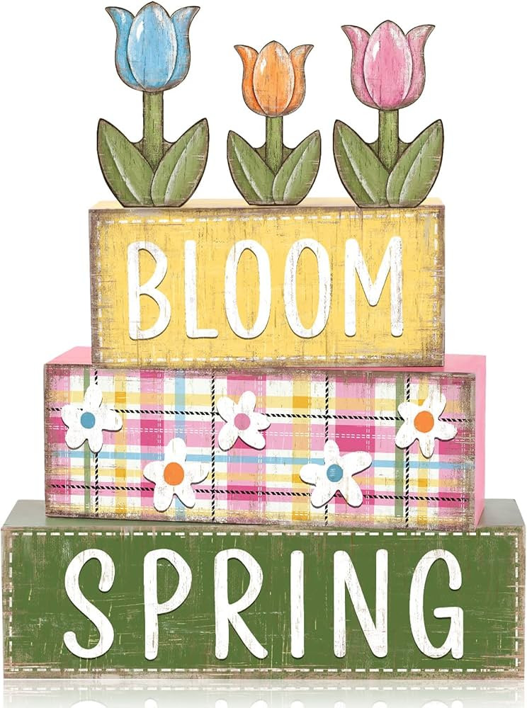 DIYDEC 6Pcs Spring Tabletop Decorations Tulip Wooden Block Signs Rustic Pastel Tulip Tiered Tray ... | Amazon (US)