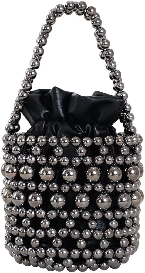 women's silver acrylic bead handbag, black leather inner bag, fashionable metal shoulder strap cr... | Amazon (US)
