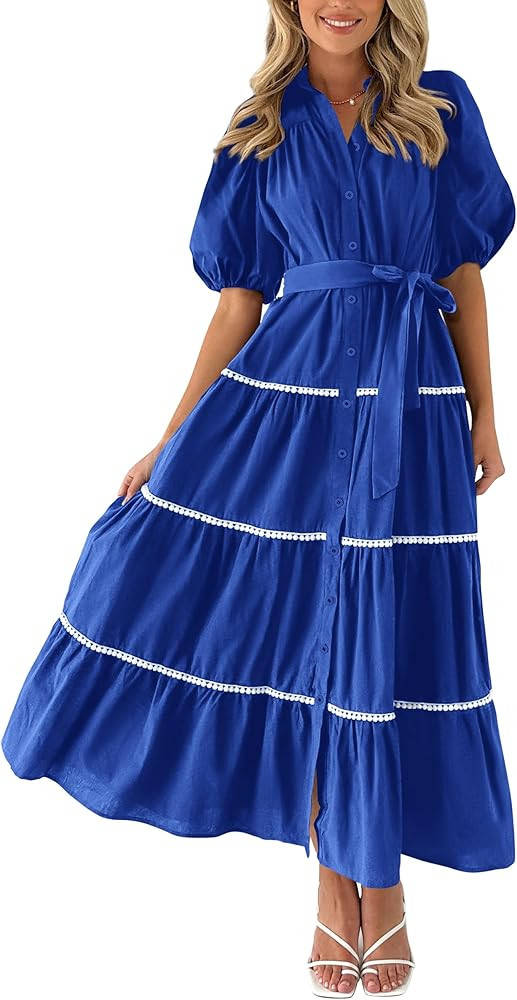 PRETTYGARDEN Women's Summer Button Down Shirt Dress Short Puffy Sleeve Tiered Ruffle Flowy Long M... | Amazon (US)