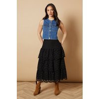 Womens Broderie Tiered Midi Skirt - Black - 6 | boohoo (US & Canada)