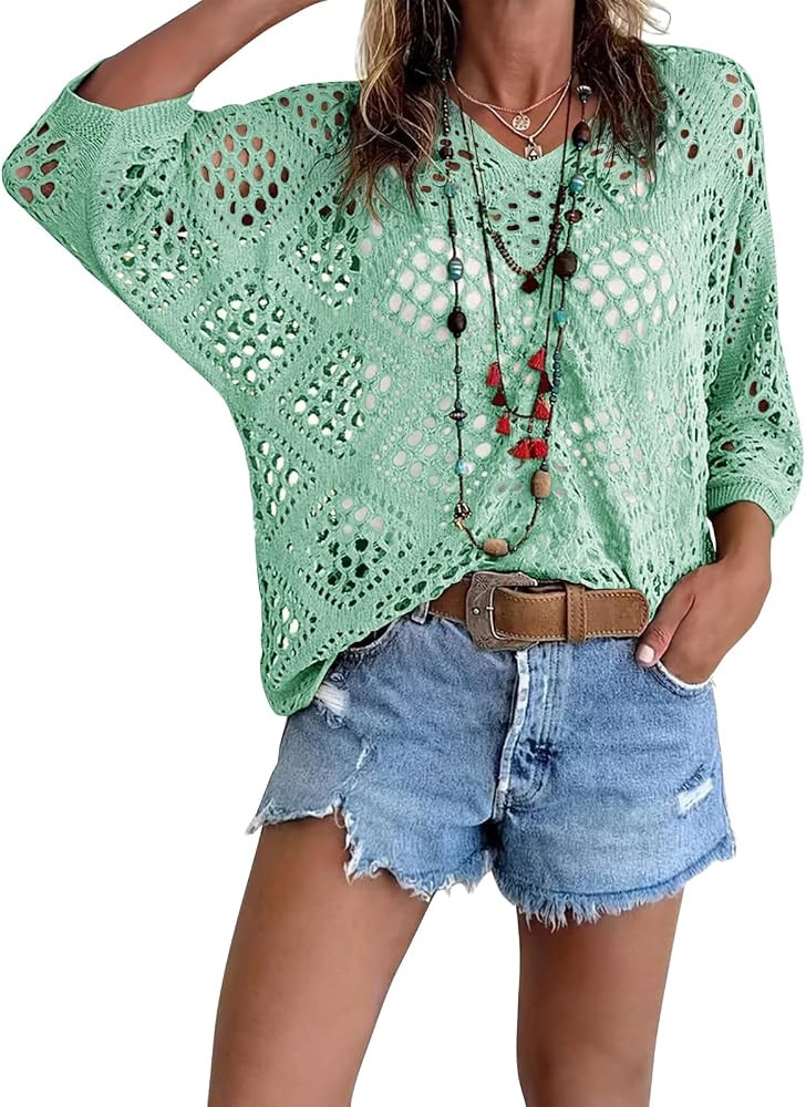 Fisoew Womens Crochet Cover Up Tops Summer Short Sleeve Hollow Out Sweater Shirts Boho Beach Swim... | Amazon (US)