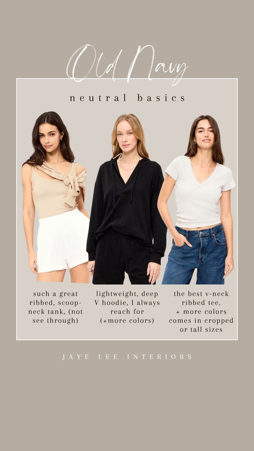 Got a little Old Navy Super Cash to burn, so I'm stocking up on some of my favorite basics, and stacking the sale! Not sexy stuff, but tried and trusted must-haves...
ribbed tank top, ribbed v-neck t-shirt, lightweight hoodie, women's fashion, neutral styles for summer, black, white and beige, #jleeinteriors 

 

#LTKootd #LTKOver40 #LTKMidsize