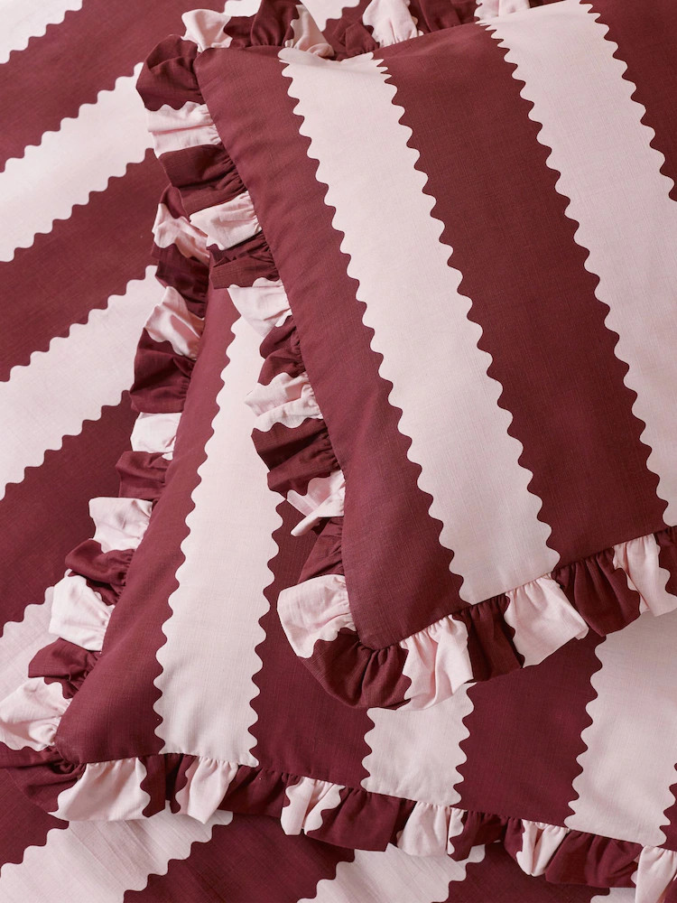 Wylder Burgundy Red Birdie Stripe Ruffle Duvet Cover Pillowcase Set | Next US