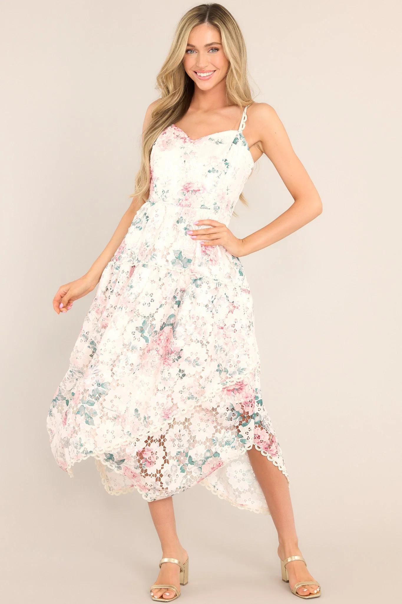 Flirt For Fun Ivory Floral Print Lace Midi Dress | Red Dress