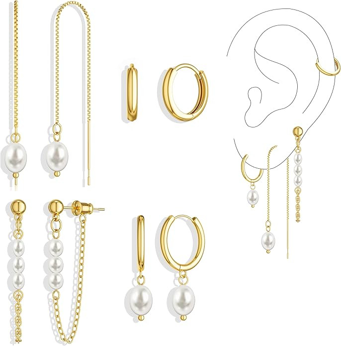 Moodear Gold Hoop Earrings for Women No Tarnish - Dainty Pearl Drop Dangle Huggie Hoops Trendy Ea... | Amazon (US)